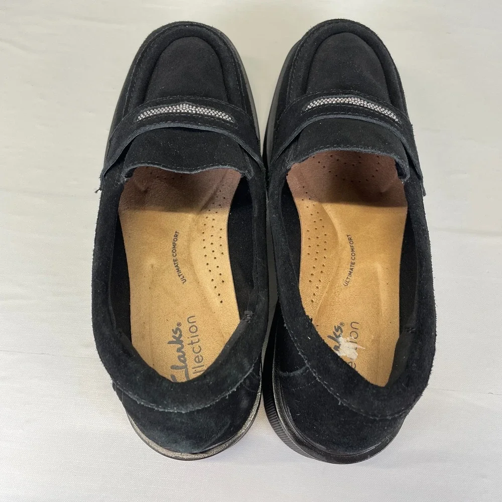 Clarks Lauryl Step Shoes Womens Size 7.5 M Black Suede Slip On Penny Loafers